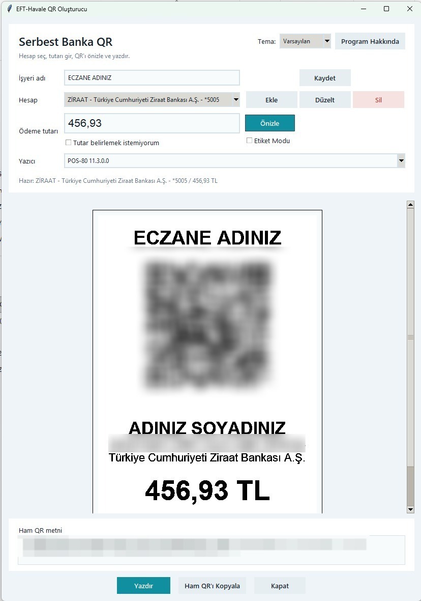 EFT-Havale QR Oluşturucu uygulama penceresi